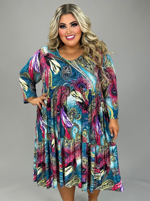26 PQ {Seeing Peacocks} Blue Feather Print Tiered Dress EXTENDED PLUS SIZE 3X 4X 5X