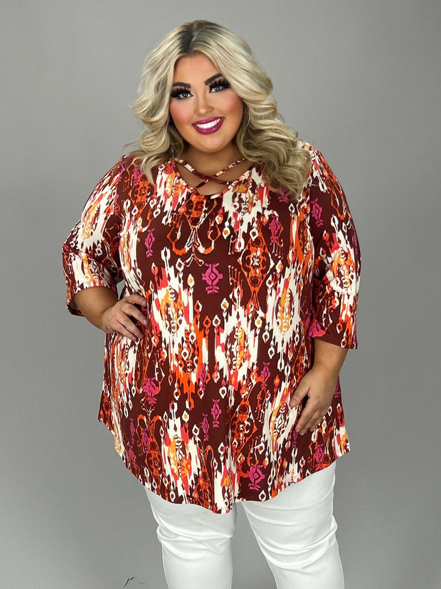 65 PSS {Never Miss Out} Burgundy Print Criss-Cross Tunic CURVY BRAND!!!  EXTENDED PLUS SIZE 4X 5X 6X