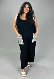 LD-O {Nothing Wrong About It} Black w/Stripe Print  Overall Romper PLUS SIZE 1X 2X 3X