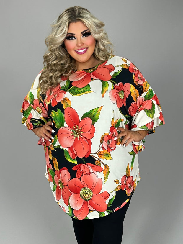 26 PQ {Getting Inspired} Ivory/Coral Large Floral Print Tunic EXTENDED PLUS SIZE 3X 4X 5X