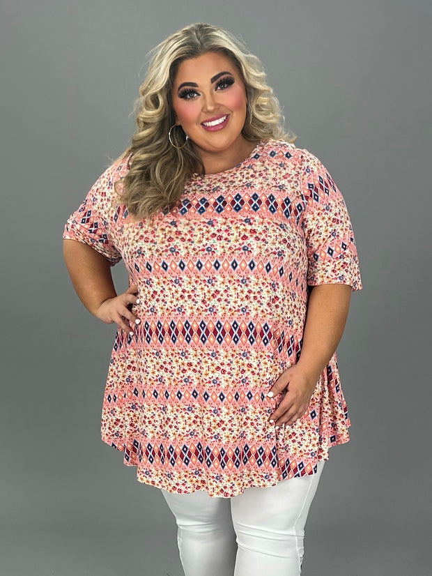 62 PSS {Apple Spiced} Pink Diamond Print Round Neck Top EXTENDED PLUS SIZE 4X 5X 6X