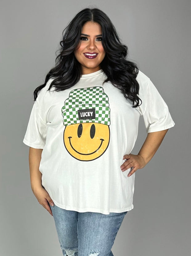 32 GT-B (Lucky Smiley Face) White Graphic Smiley Face  PLUS SIZE 1X 2X 3X