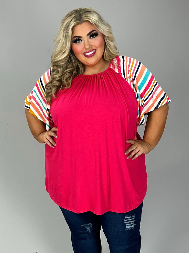 24 CP {The Secret Is Out} Fuchsia/Multi-Color Stripe Sleeve Top EXTENDED PLUS SIZE 1X 2X 3X 4X 5X 6X