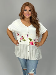 51 CP {Call On me} Ivory Floral Stripe V-Neck Top PLUS SIZE 1X 2X 3X