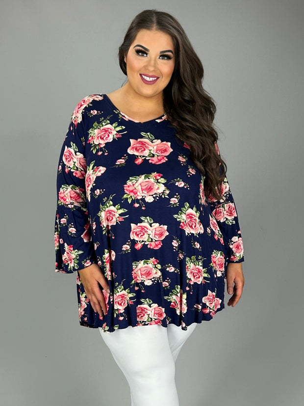 28 PQ {Roses To Pick} Navy/Pink Rose Print V-Neck Top EXTENDED PLUS SIZE 3X 4X 5X