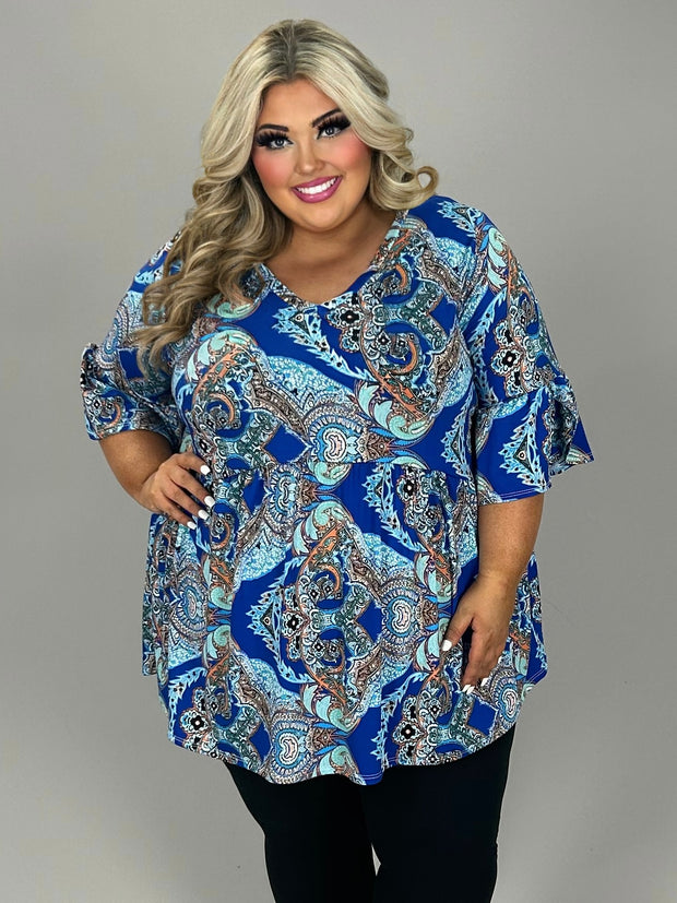 75 PSS {Spill The Tea} Blue Paisley Babydoll Tunic EXTENDED PLUS SIZE 3X 4X 5X