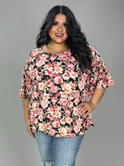 91 PQ {From The Garden} Black Floral Ruffle Sleeve Top PLUS SIZE XL 2X 3X