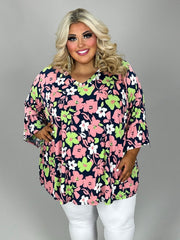 28 PSS-S {Sweet Repeats} Navy/Pink Floral V-Neck Top EXTENDED PLUS SIZE 4X 5X 6X