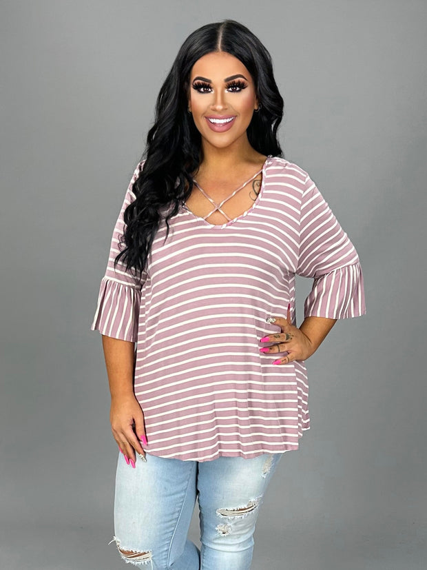 PQ-H {End Of Story} Plum Striped Top with Cage Neck Detail