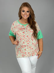 80F CP-P {Finding Myself} Mint Green Floral V-Neck Top PLUS SIZE 1X 2X 3X