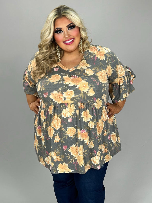 61 PSS {Loving Glance} Charcoal Floral Babydoll V-Neck Tunic EXTENDED PLUS SIZE 3X 4X 5X