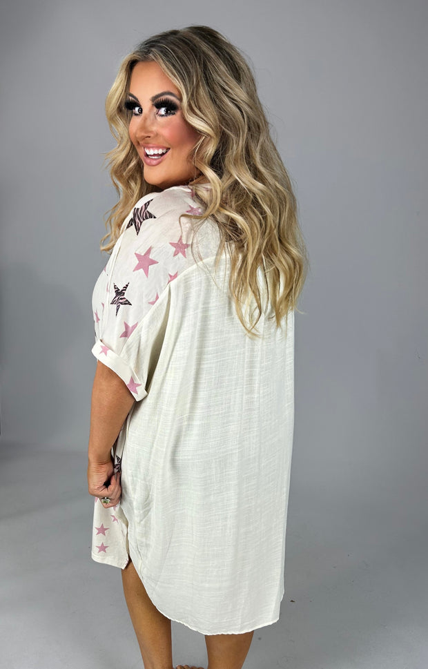100 PSS {Star Of The Show} UMGEE Beige Star Print Dress PLUS SIZE XL 1X 2X