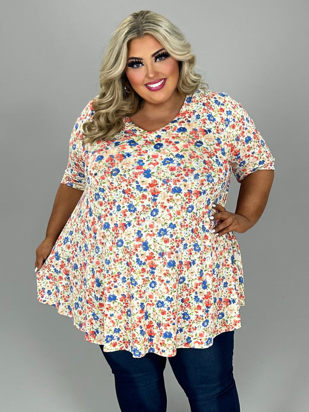 52 PSS {Floral Obsession} Ivory Floral V-Neck Tunic EXTENDED PLUS SIZE 1X 2X 3X 4X 5X
