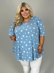 52 PSS {Wish Upon A Star} Blue Star Print V-Neck Top EXTENDED PLUS SIZE 3X 4X 5X (True To Size)