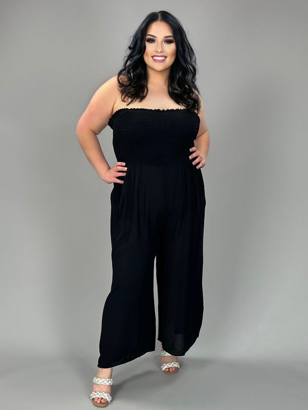 LD-B/M {Answers For You} Black Smocked Jumpsuit PLUS SIZE 1X 2X 3X