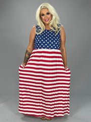LD-Q {Red White & Blessed} Patriotic Print Babydoll Maxi Dress PLUS SIZE XL 2X 3X