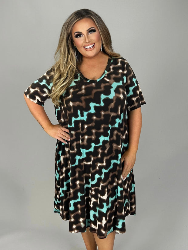 17  PSS-O {Wavelength} Brown/Mint Print V-Neck Dress PLUS SIZE 1X 2X 3X