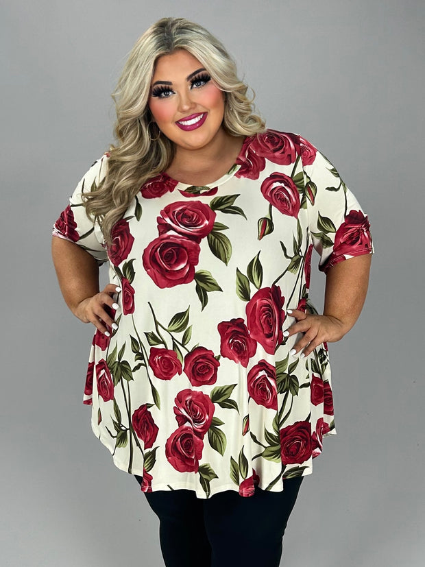 24 PSS-G {Call Me Rose} Ivory Rose Print V-Neck Tunic EXTENDED PLUS SIZE 3X 4X 5X
