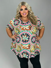 28 PSS {Pinwheel Attraction} Mint/Pink/Navy Print V-Neck Top EXTENDED PLUS SIZE 4X 5X 6X