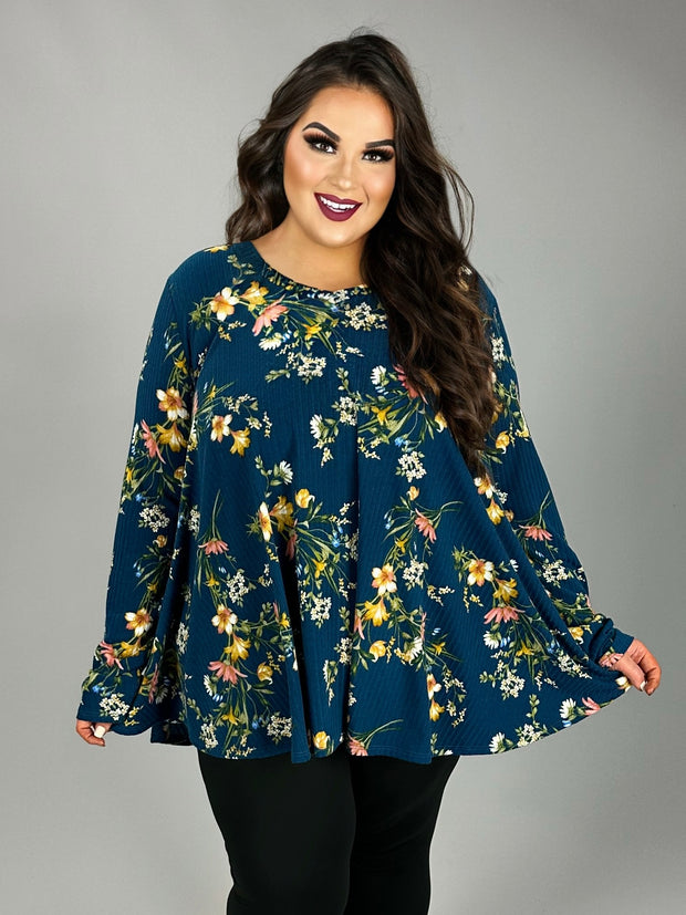 24 PLS {Forward Thinker} Navy Ribbed Floral Top EXTENDED PLUS SIZE 3X 4X 5X