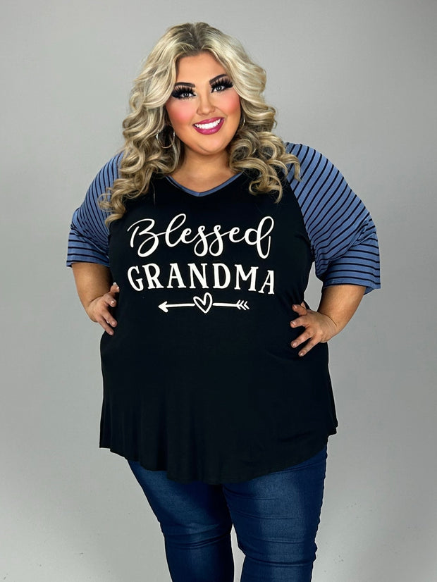 29 GT {Blessed Grandma} Black/Blue Stripe Graphic Tee CURVY BRAND!!!  EXTENDED PLUS SIZE XL 2X 3X 4X 5X 6X {May Size Down 1 Size}