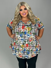 60 PSS {Upscale Style} Ivory/Black Floral Print V-Neck Top EXTENDED PLUS SIZE 3X 4X 5X