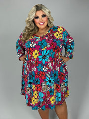 52 PQ {Showing Your Colors} Fuchsia Floral V-Neck Dress EXTENDED PLUS SIZE 3X 4X 5X