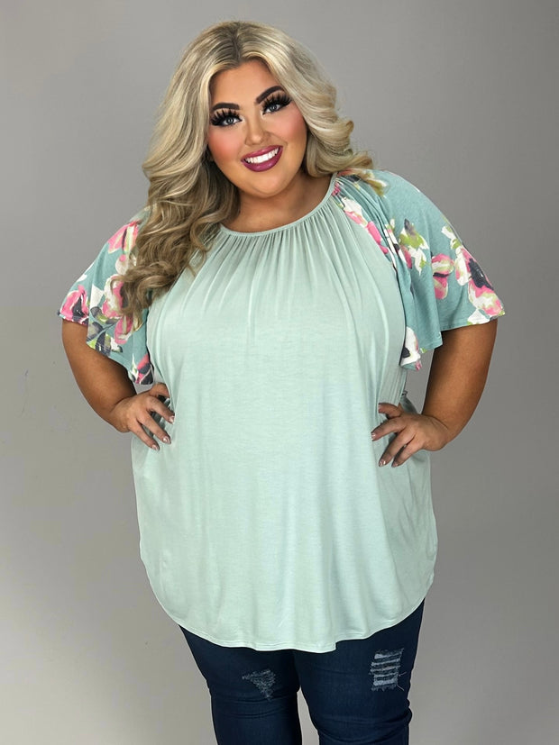 18 CP {Mint Charmer} Mint Top w/Floral Sleeves EXTENDED PLUS SIZE 4X 5X 6X