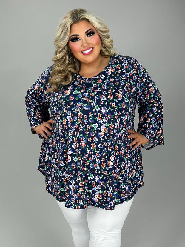 52 PQ-D {Wonder Of Floral} Navy Floral Printed Top EXTENDED PLUS SIZE 3X 4X 5X