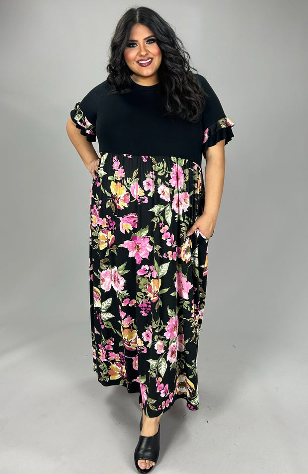 LD-Z {Elegant Garden} Black/Pink Floral Print Maxi Dress EXTENDED PLUS SIZE 3X 4X 5X