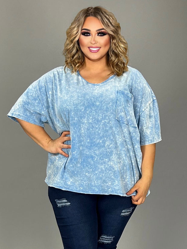 13 PSS-D {Sure And Steady} Blue Mineral Wash V-Neck Top PLUS SIZE 1X 2X 3X