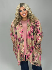 28 OT {Coffee Time} Taupe/Pink Floral Hooded Cardigan PLUS SIZE 1X 2X 3X