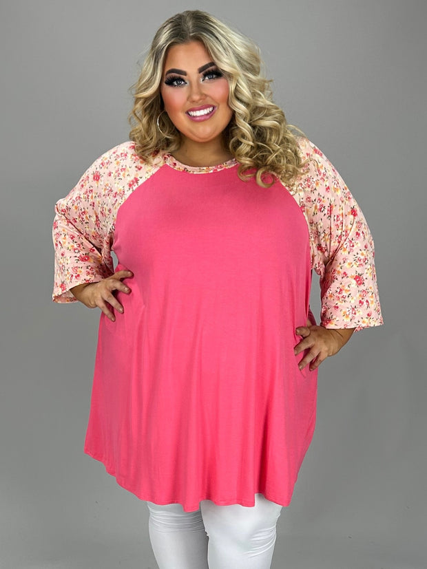 71 CP {Thinking About Sunshine} Coral Pink Floral Sleeve Tunic CURVY BRAND!!!  EXTENDED PLUS SIZE 4X 5X 6X