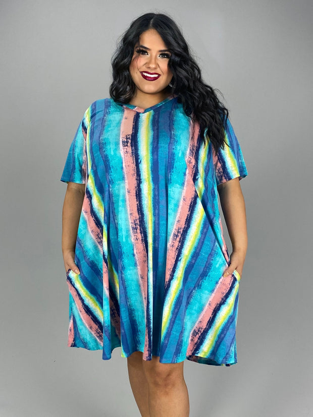 62 PSS {Creating Divas} Teal Stripe Print V-Neck Dress EXTENDED PLUS SIZE 3X 4X 5X