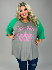 28 GT {Cute Face Chubby Waist} Grey Green Graphic Tee CURVY BRAND!!!  EXTENDED PLUS SIZE XL 2X 3X 4X 5X 6X (May Size Down 1 Size)