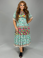 LD-Y {Garden Paradise} Umgee Mint Floral Tiered Dress PLUS SIZE XL 1X 2X