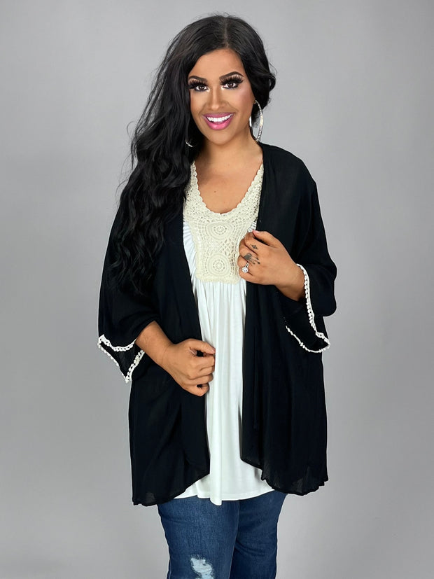 OT-A Black Lightweight Cardigan with Ivory Lace Detail