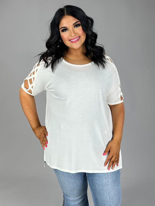 56 OS-A {Moving On Up} Ivory Braided Open Sleeve Tunic PLUS SIZE 1X 2X 3X