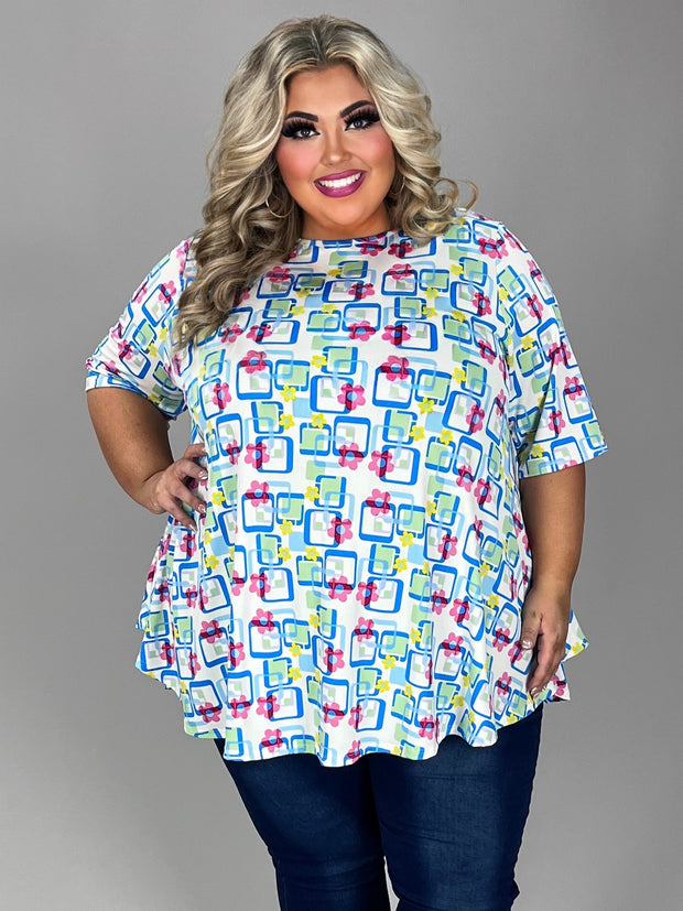93 PSS {Alive And Well} Ivory/Blue Square & Floral Print Top EXTENDED PLUS SIZE 4X 5X 6X