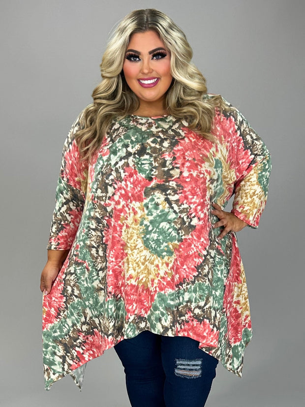 52 PQ {In Plain Sight} Coral/Teal Tie Dye Asymmetrical Top EXTENDED PLUS SIZE 3X 4X 5X