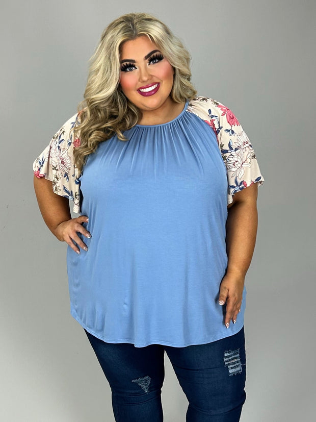 12 CP {Elevated Casual} Blue Top w/Floral Print Sleeve EXTENDED PLUS SIZE 4X 5X 6X