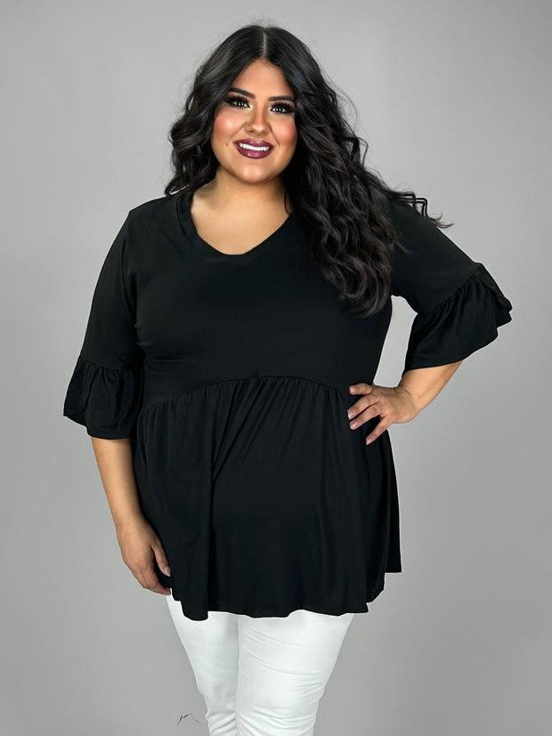 72 SQ {Capture Simplicity} Black V-Neck Babydoll Top PLUS SIZE XL 2X 3X