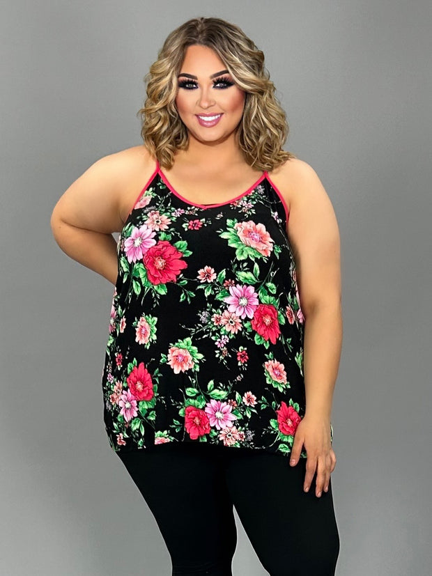33 SV-P {Smile And Bloom} Black Floral Racerback Top PLUS SIZE 1X 2X 3X