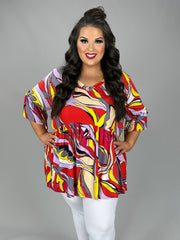 70 PSS {Graceful Beauty} Red Abstract Print Babydoll Tunic EXTENDED PLUS SIZE 3X 4X 5X