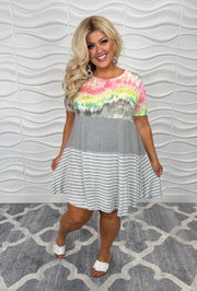 92 CP-D {Happier Now} H. Grey/Multi Tie Dye Stripe Dress PLUS SIZE XL 2X 3X