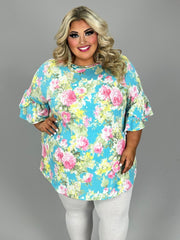12 PSS {Let Flowers Bloom} Blue Floral Ruffle Sleeve Top EXTENDED PLUS SIZE 4X 5X 6X