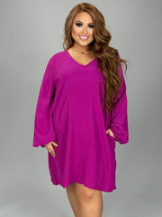 47 SQ {Taking Charge} Magenta V-Neck Bubble Sleeve Dress PLUS SIZE XL 1X 2X