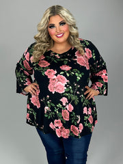 37 PQ {Free To Bloom} Black/Pink Floral V-Neck Tunic EXTENDED PLUS SIZE 3X 4X 5X