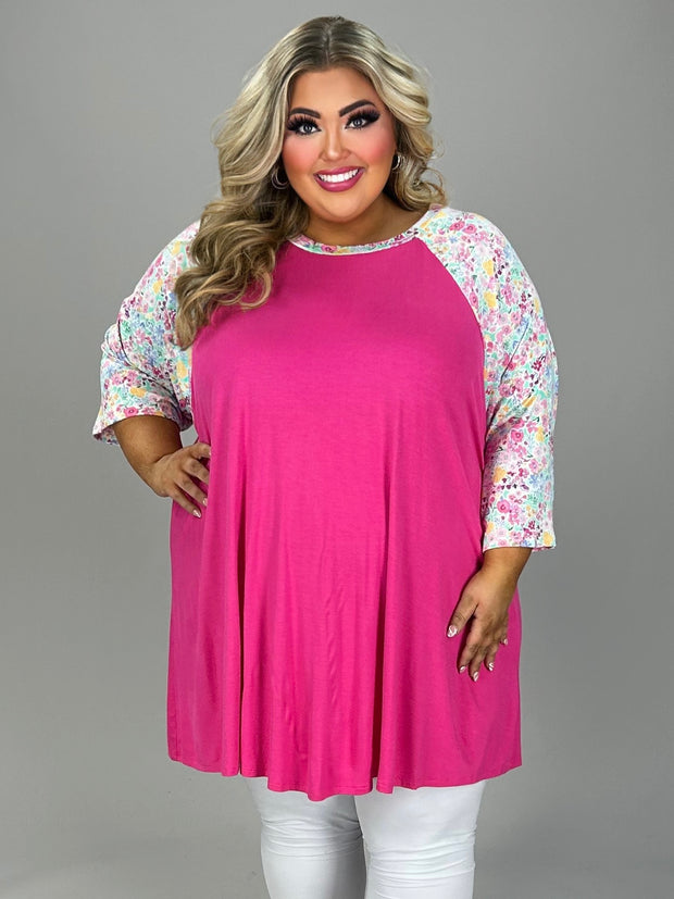 48 CP {My Time To Flourish} Fuchsia Tunic w/Floral Sleeves CURVY BRAND!!!  EXTENDED PLUS SIZE 4X 5X 6X