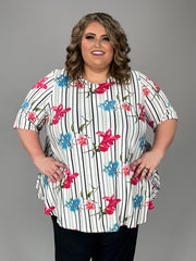 29 PSS {Iris On The Line} Ivory/Black Stripe Floral Print Top EXTENDED PLUS SIZE 4X 5X 6X